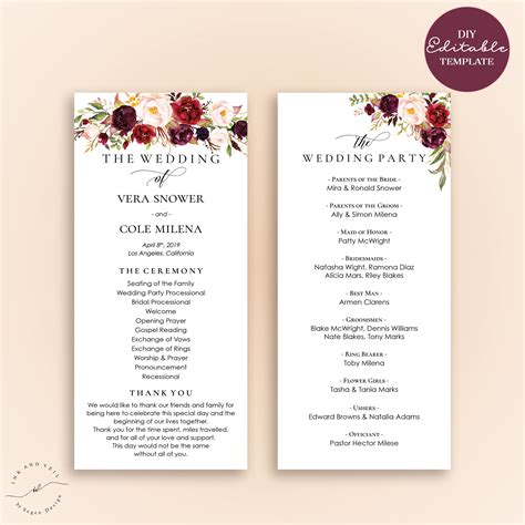wedding program templates printable